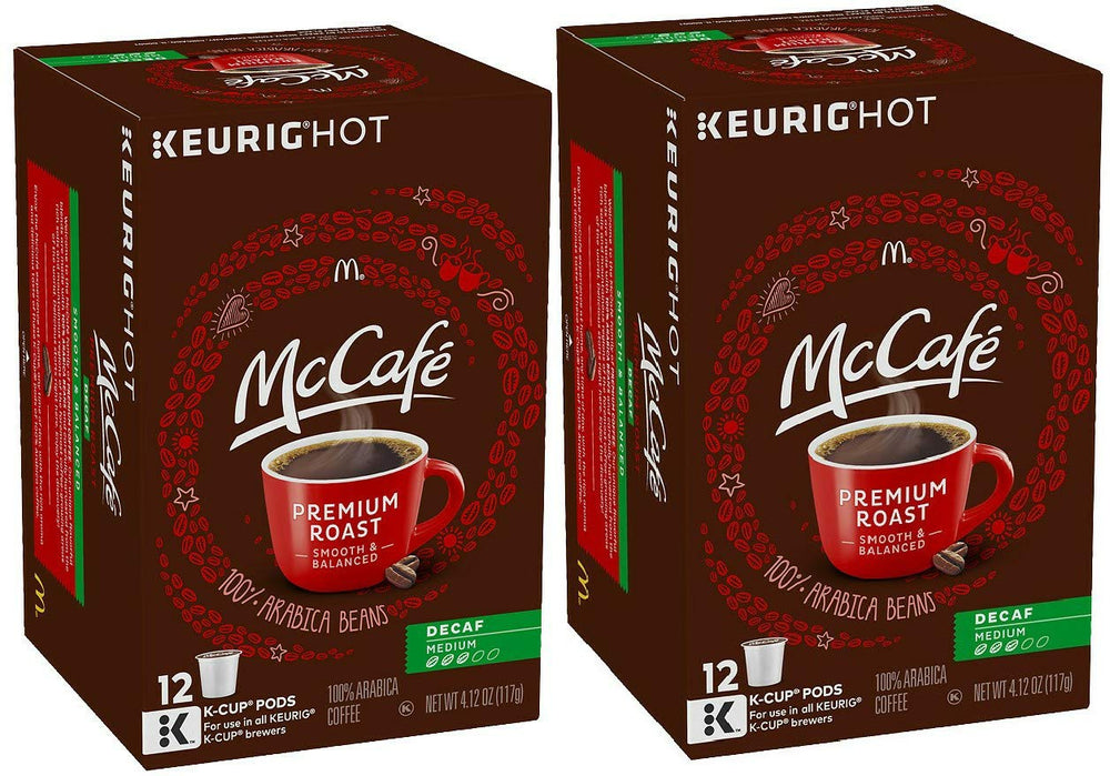 McCafé Decaf K-Cup box front showing 12-count packs for caffeine-free mornings