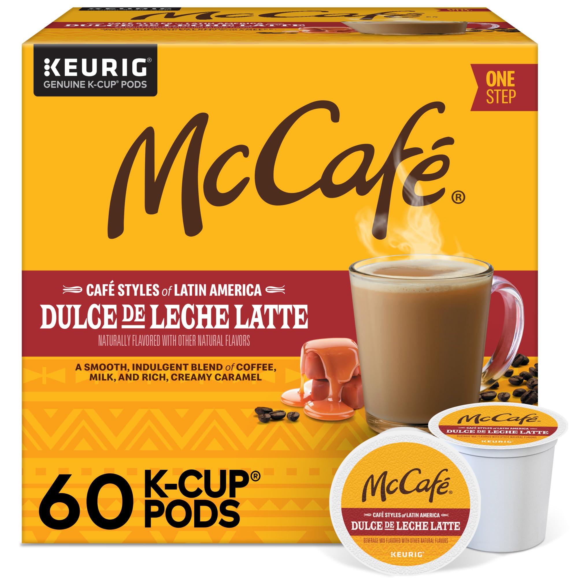 McCafé Dulce de Leche Latte pods packaging shows convenient at-home coffee.