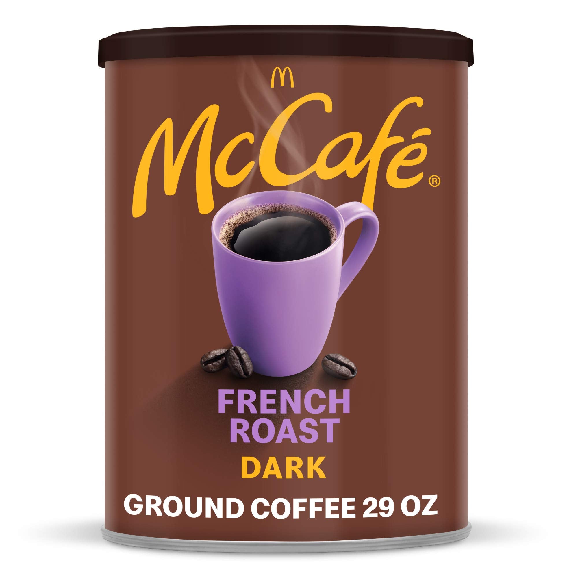 McCafé French Roast ground coffee canister on kitchen shelf for bold mornings