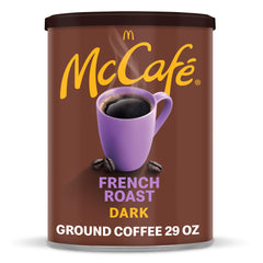 McCafé French Roast ground coffee canister on kitchen shelf for bold mornings