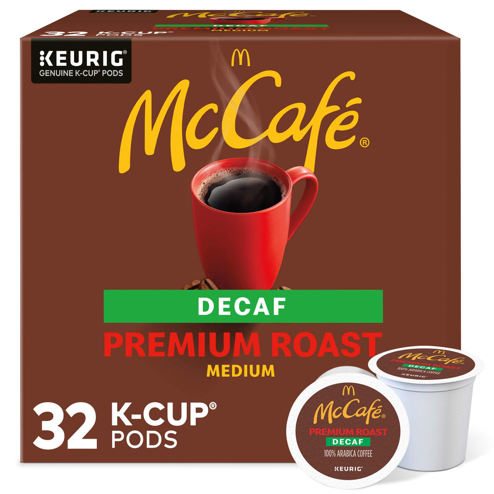 McCafé Premium Roast Decaf K-Cup pod close-up showing rich aroma.