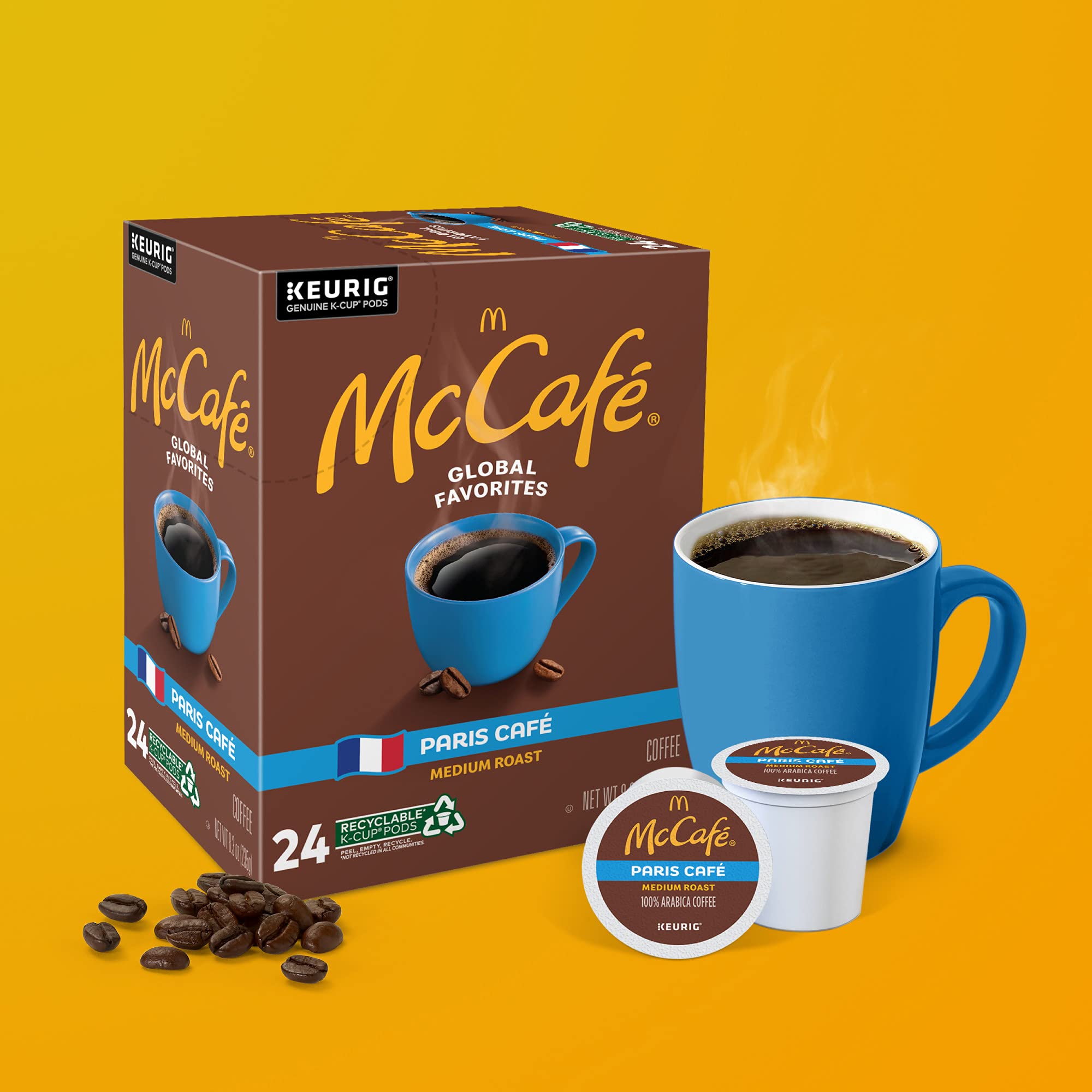 McCafé Paris Café recyclable K-Cup packaging emphasizes sustainability.