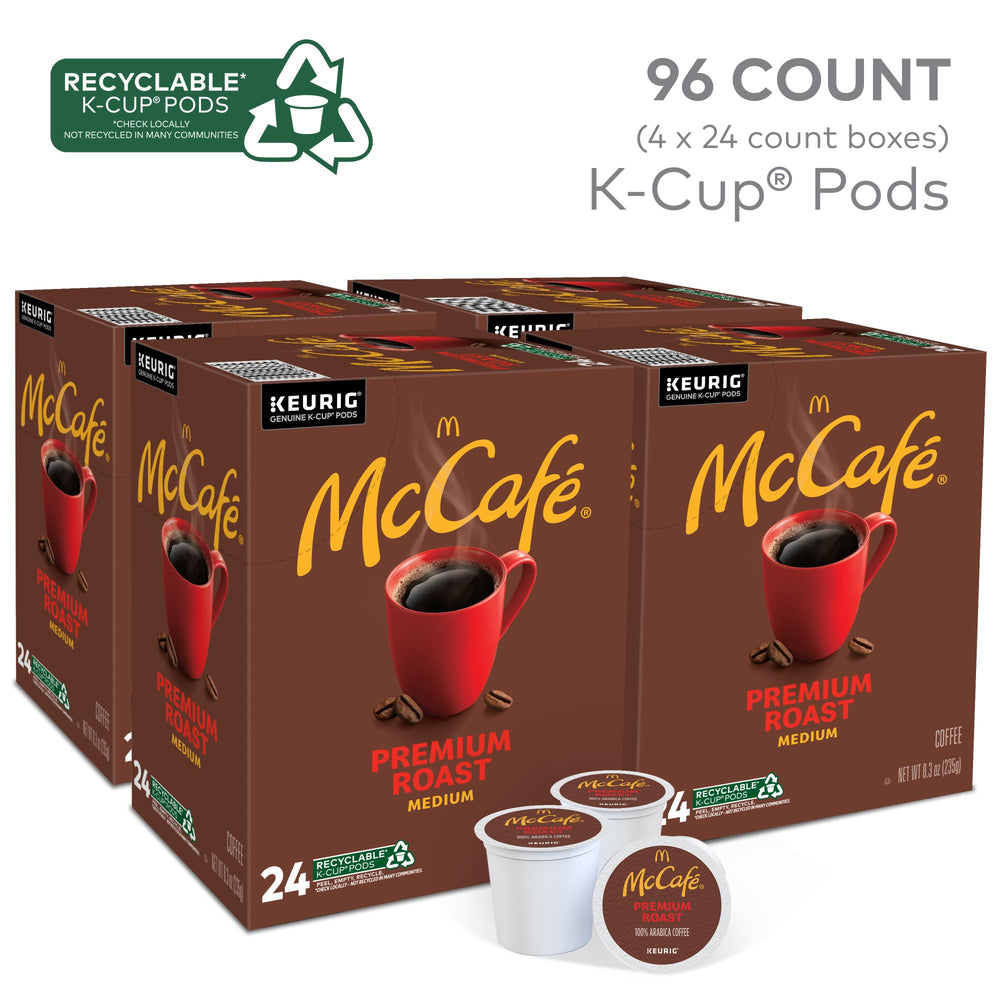 McCafé Premium Roast coffee pods ready for Keurig machines for convenient single-serve brewing.