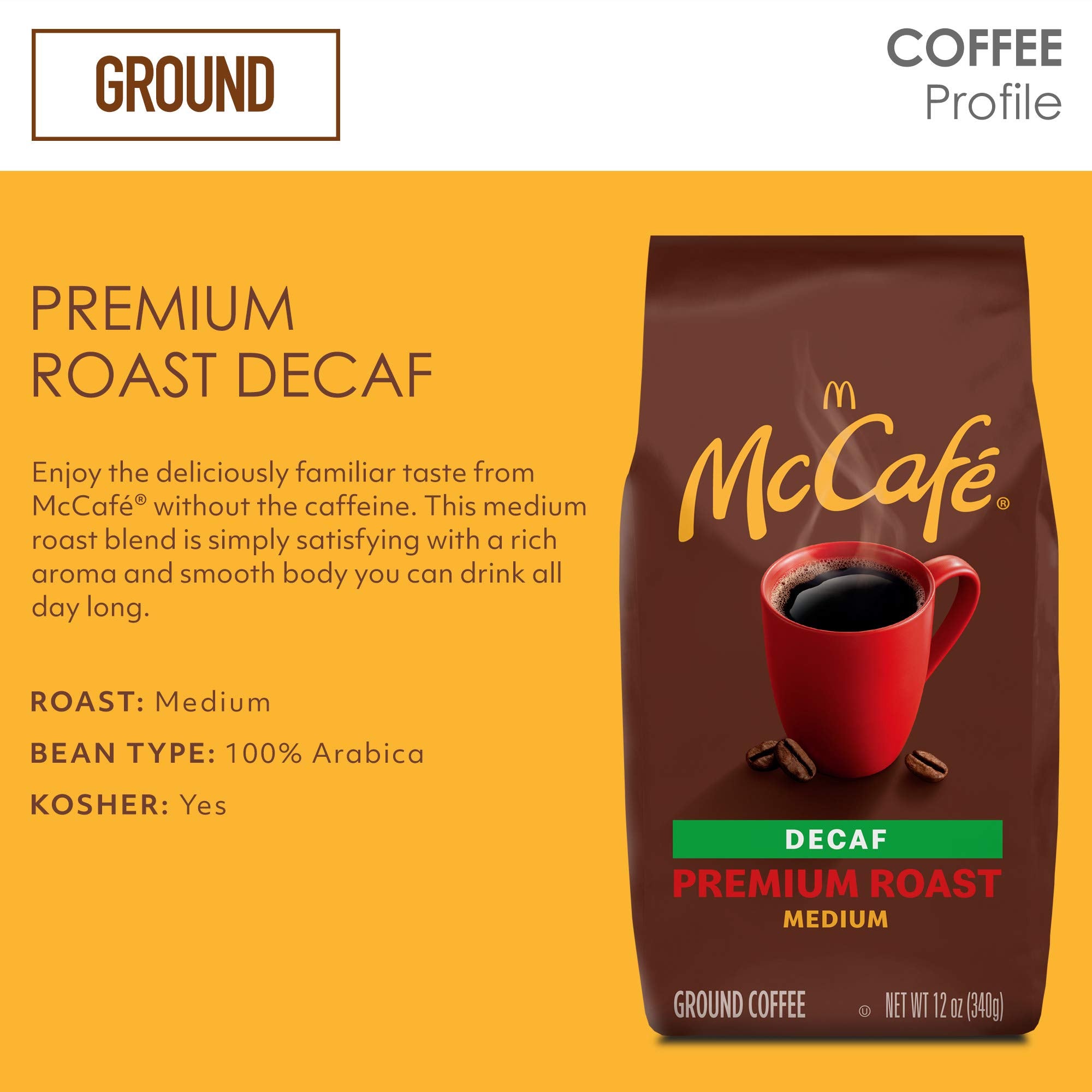 McCafe Premium Roast Decaf brewed coffee cup showcasing smooth body and clean finish.