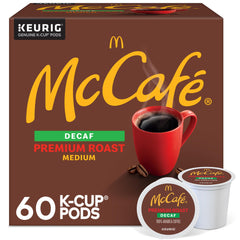 McCafé Premium Roast Decaf K-Cup pods—aroma-rich, smooth, caffeine-free brewing at home.