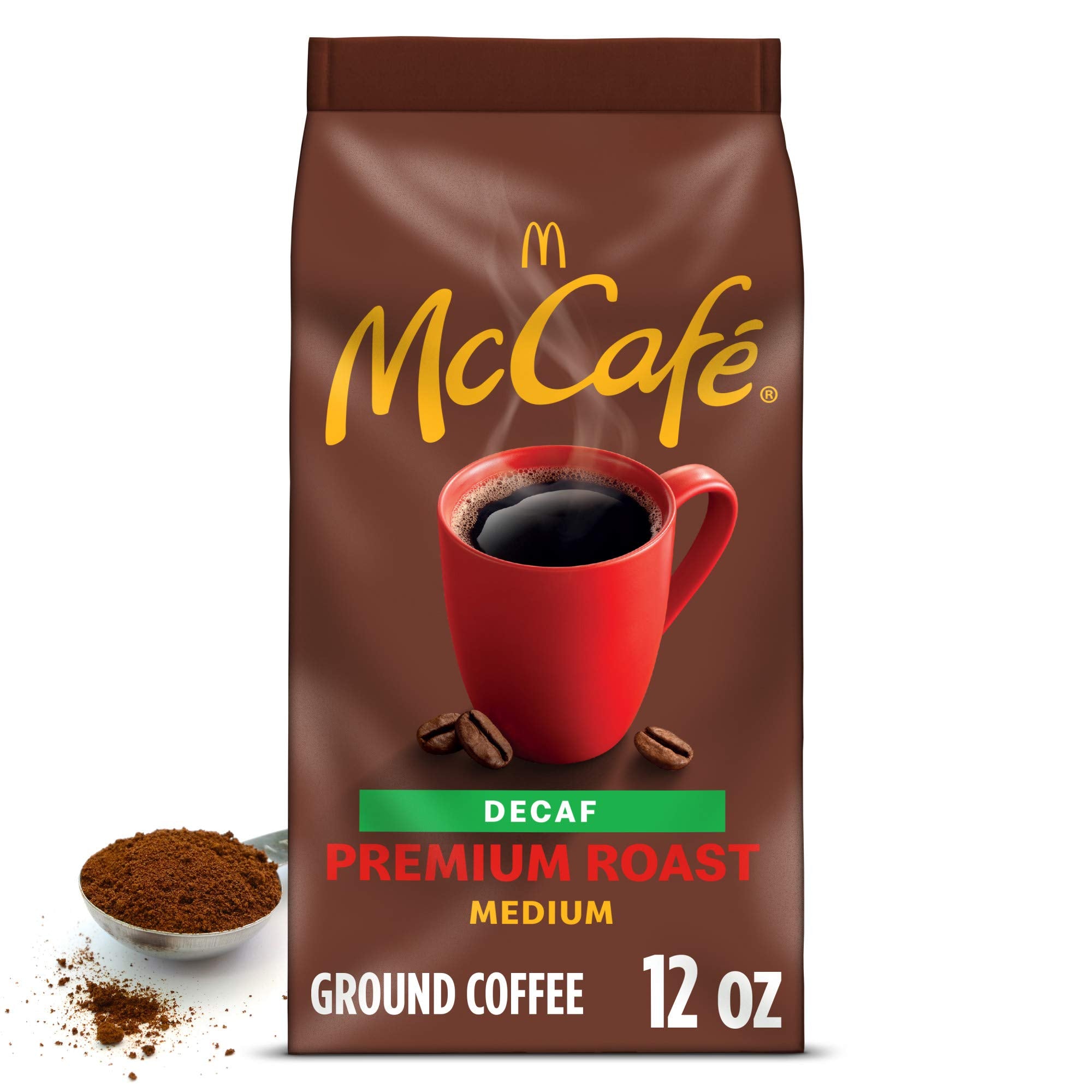 McCafe Premium Roast Decaf ground coffee bag with rich aroma for home brewing.