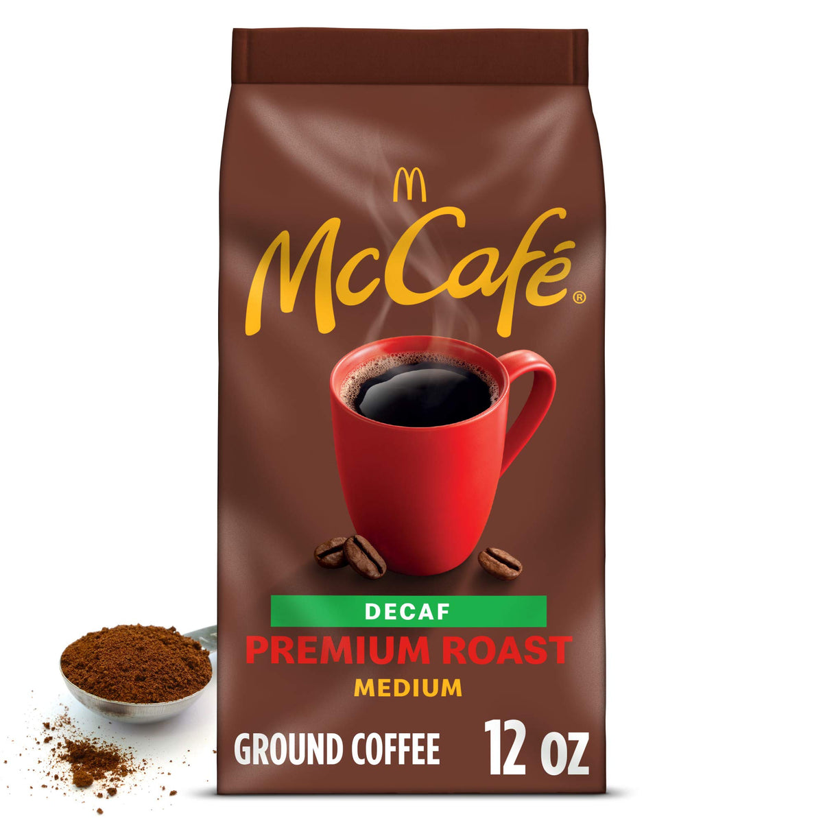 McCafe Premium Roast Decaf ground coffee bag with rich aroma for home brewing.