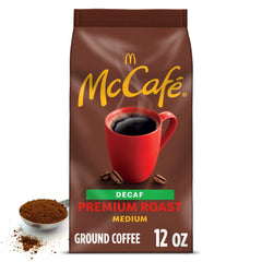 McCafe Premium Roast Decaf ground coffee bag with rich aroma for home brewing.