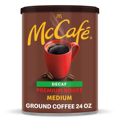 McCafé Premium Roast Decaf ground coffee canister ready for home brewing