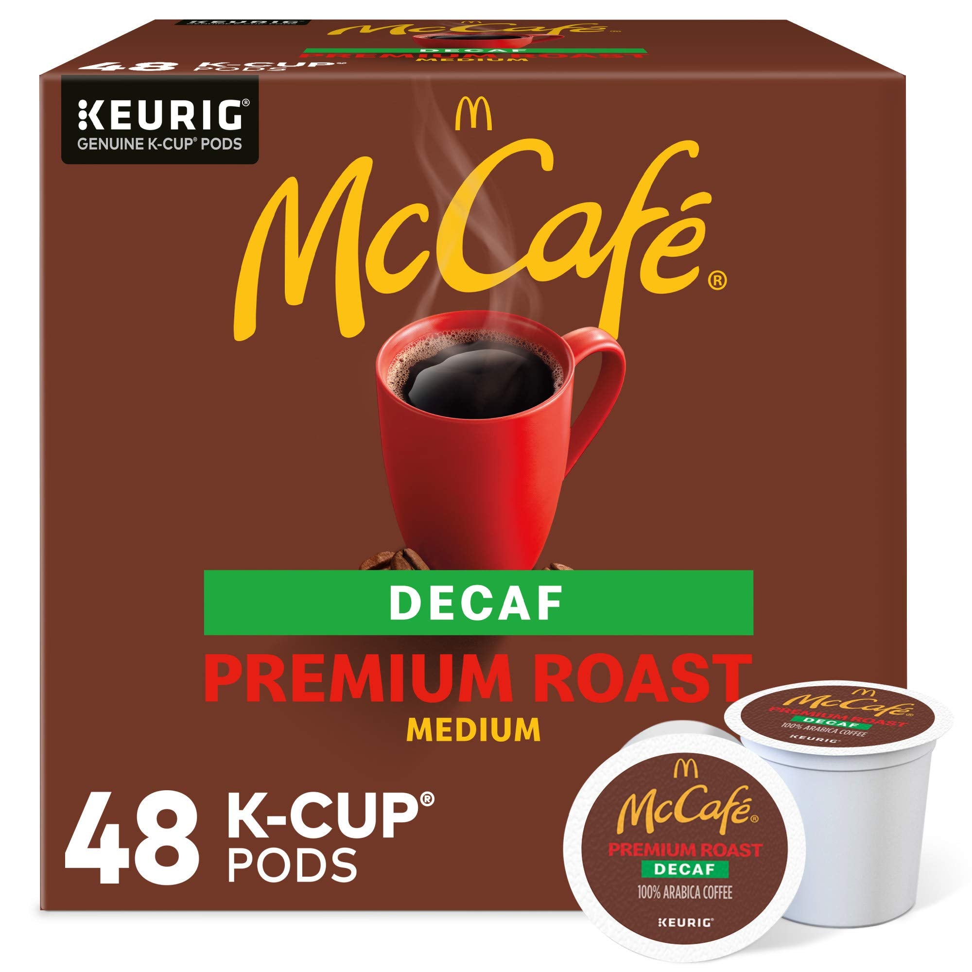 McCafé Premium Roast Decaf K-Cup pod on a countertop, perfect for a gentle morning ritual.