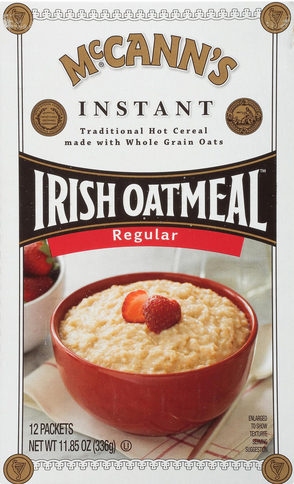 McCann's Irish Oatmeal instant packaging shows quick-cook regular oats for busy mornings.