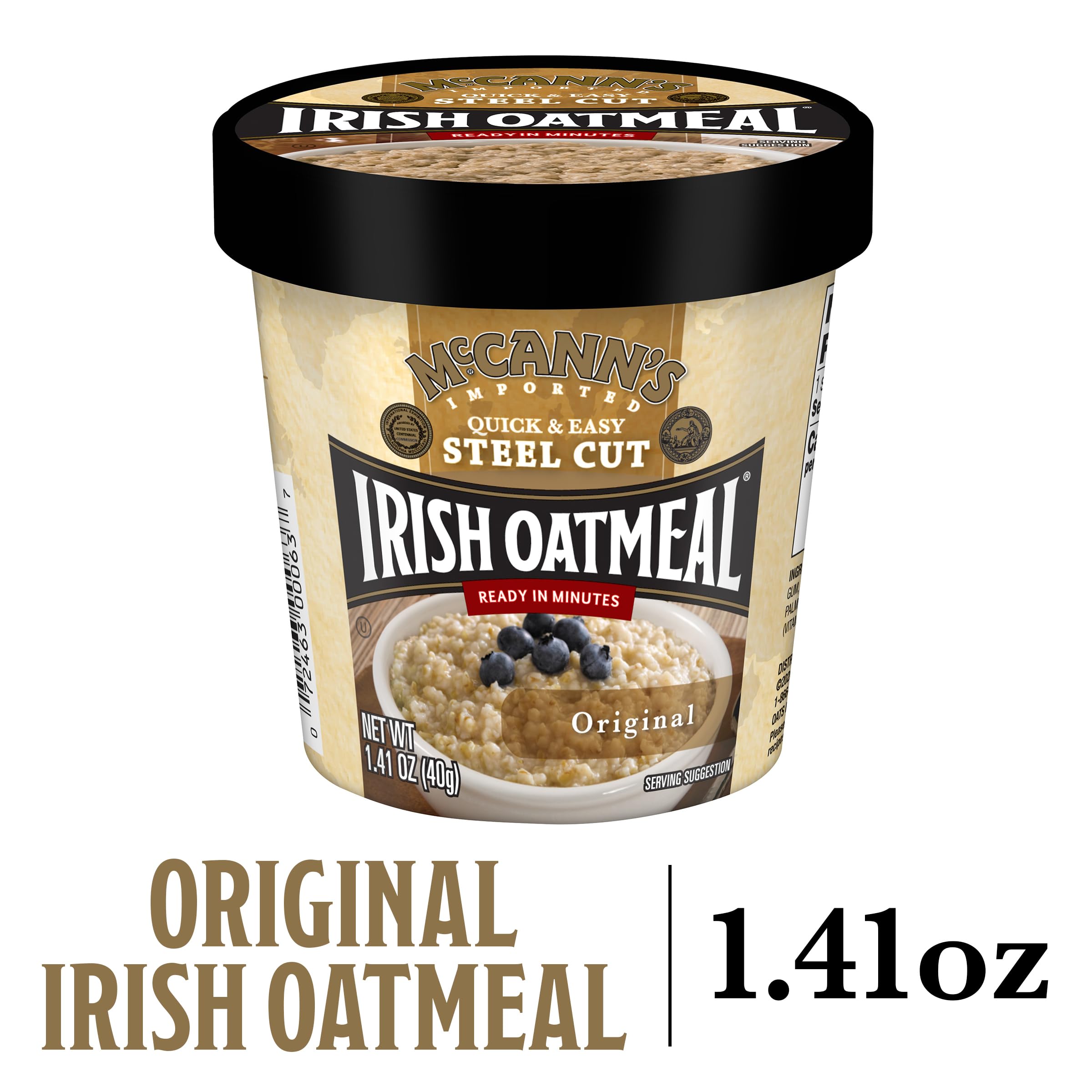 McCann's Irish Oatmeal cup microwaving in minutes for hot breakfast.