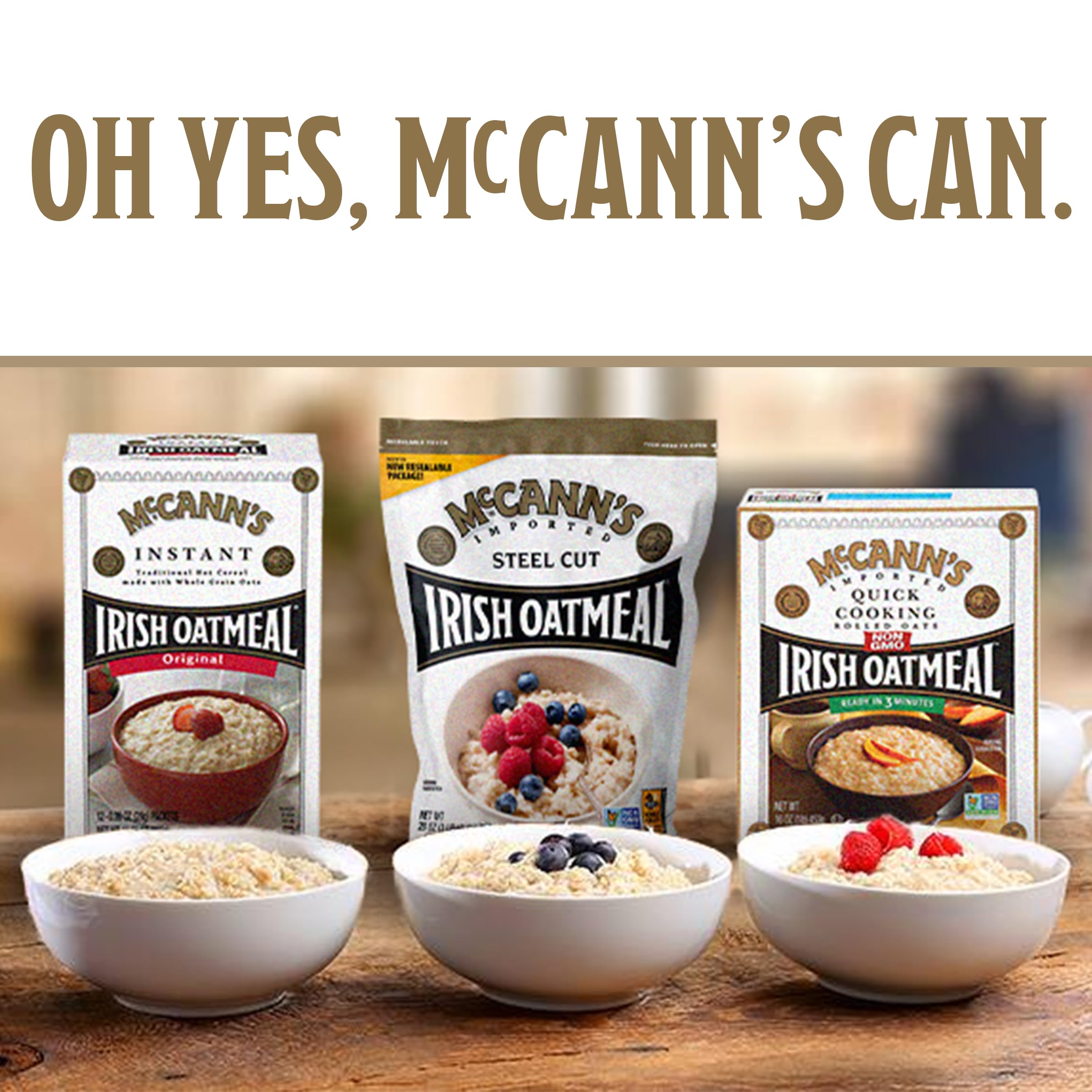 Kosher-certified, non-GMO McCann's Oatmeal branding and safety symbols.