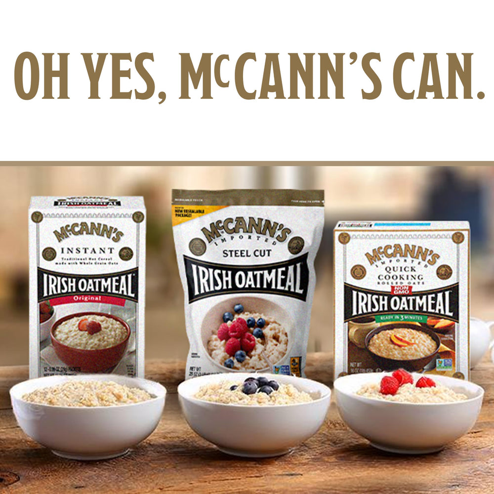 Kosher-certified, non-GMO McCann's Oatmeal branding and safety symbols.