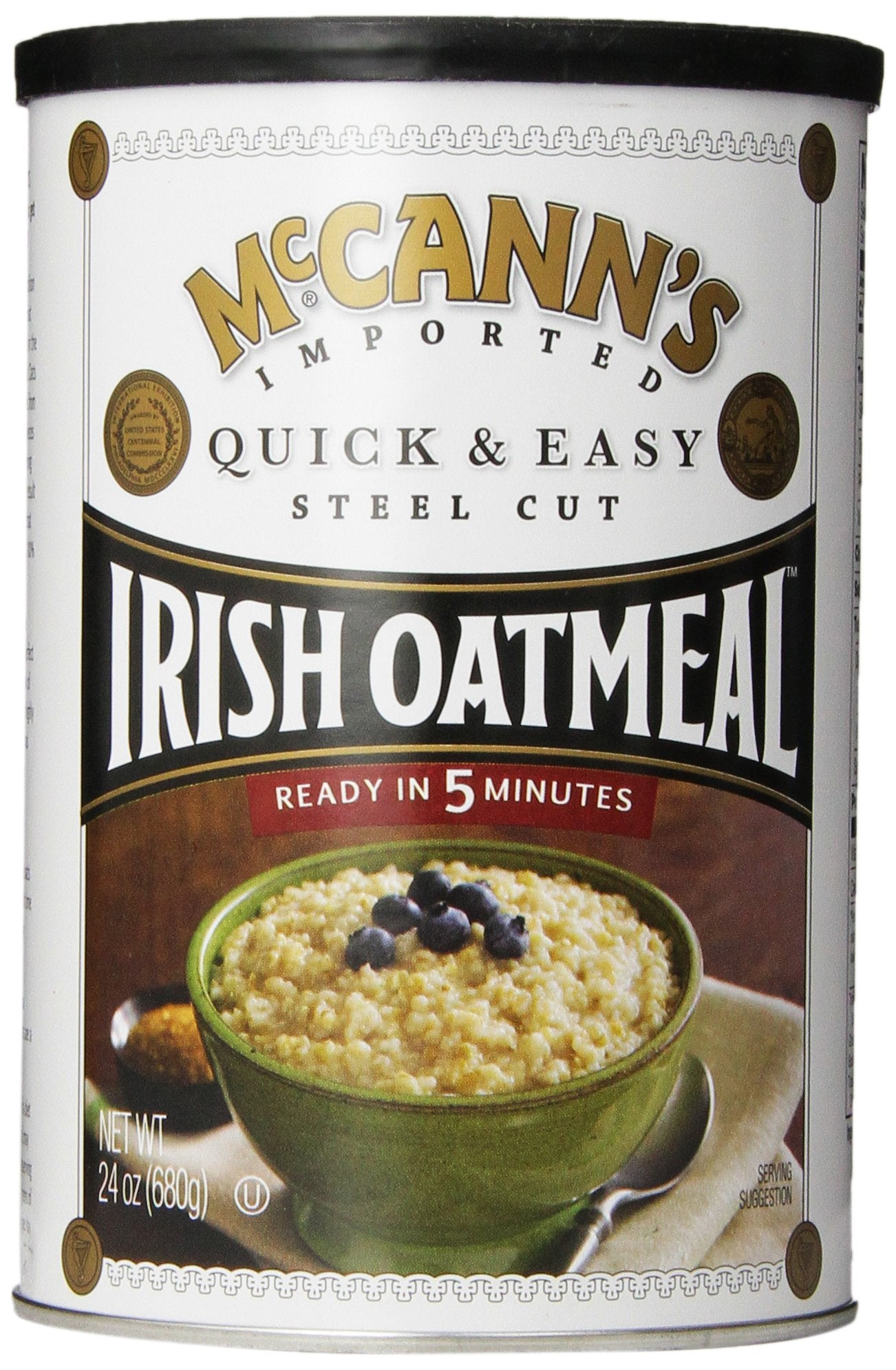 McCann's Irish Oatmeal pack of six 24-ounce canisters for convenient pantry storage.