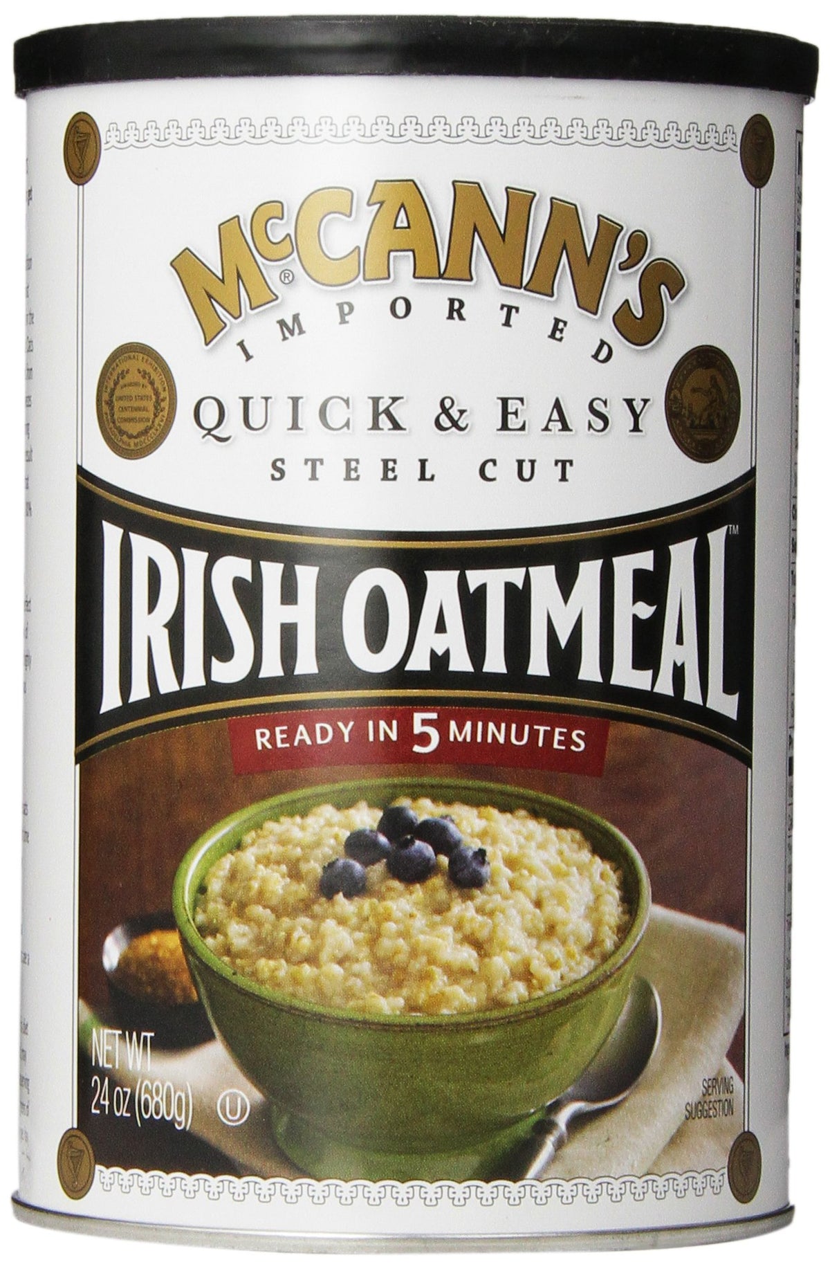 McCann's Irish Oatmeal pack of six 24-ounce canisters for convenient pantry storage.