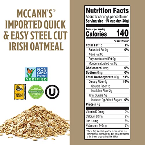 McCann's Irish Oatmeal raw oats highlight whole grain quality for morning meals.