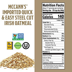 McCann's Irish Oatmeal raw oats highlight whole grain quality for morning meals.