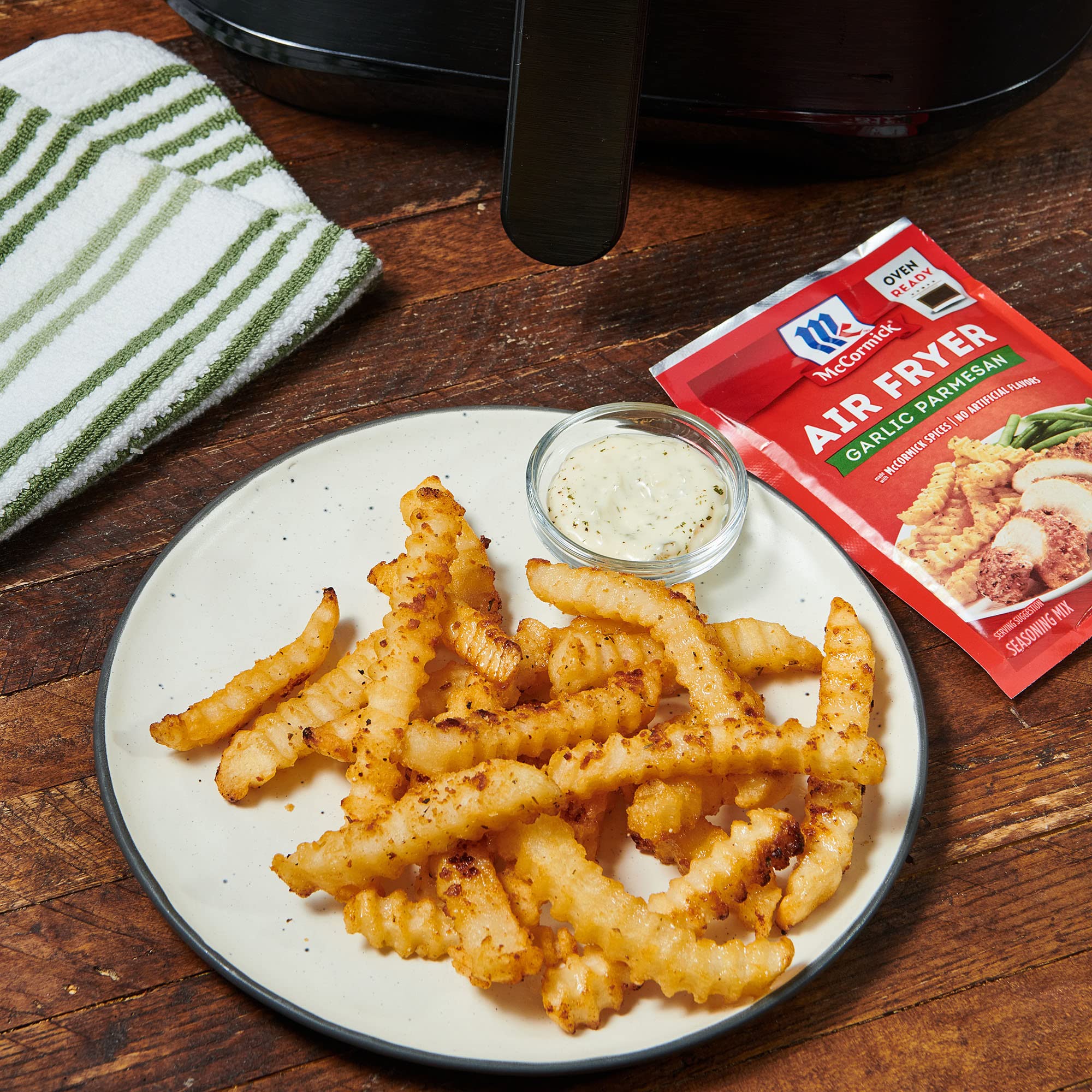 McCormick Air Fryer Garlic Parmesan Seasoning Pack used on fries for crisp texture