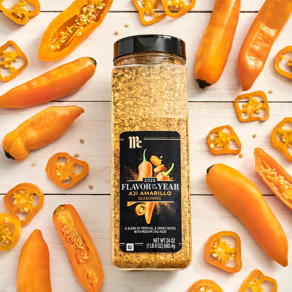 McCormick Aji Amarillo seasoning near a spice rack for chef-ready prep