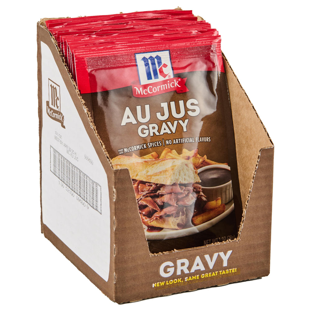 McCormick Au Jus Gravy packet closeup showing rich seasoning blend for quick meals