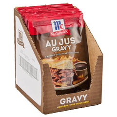 McCormick Au Jus Gravy packet closeup showing rich seasoning blend for quick meals