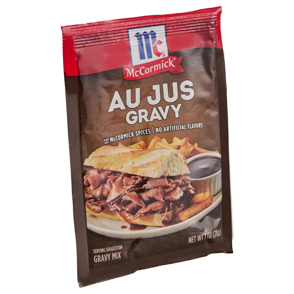 McCormick Au Jus Gravy packet sideview highlighting convenient 1 oz serving
