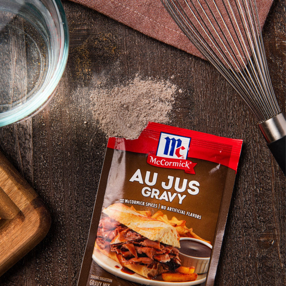 McCormick Au Jus Gravy shelf-stable packaging on pantry shelf