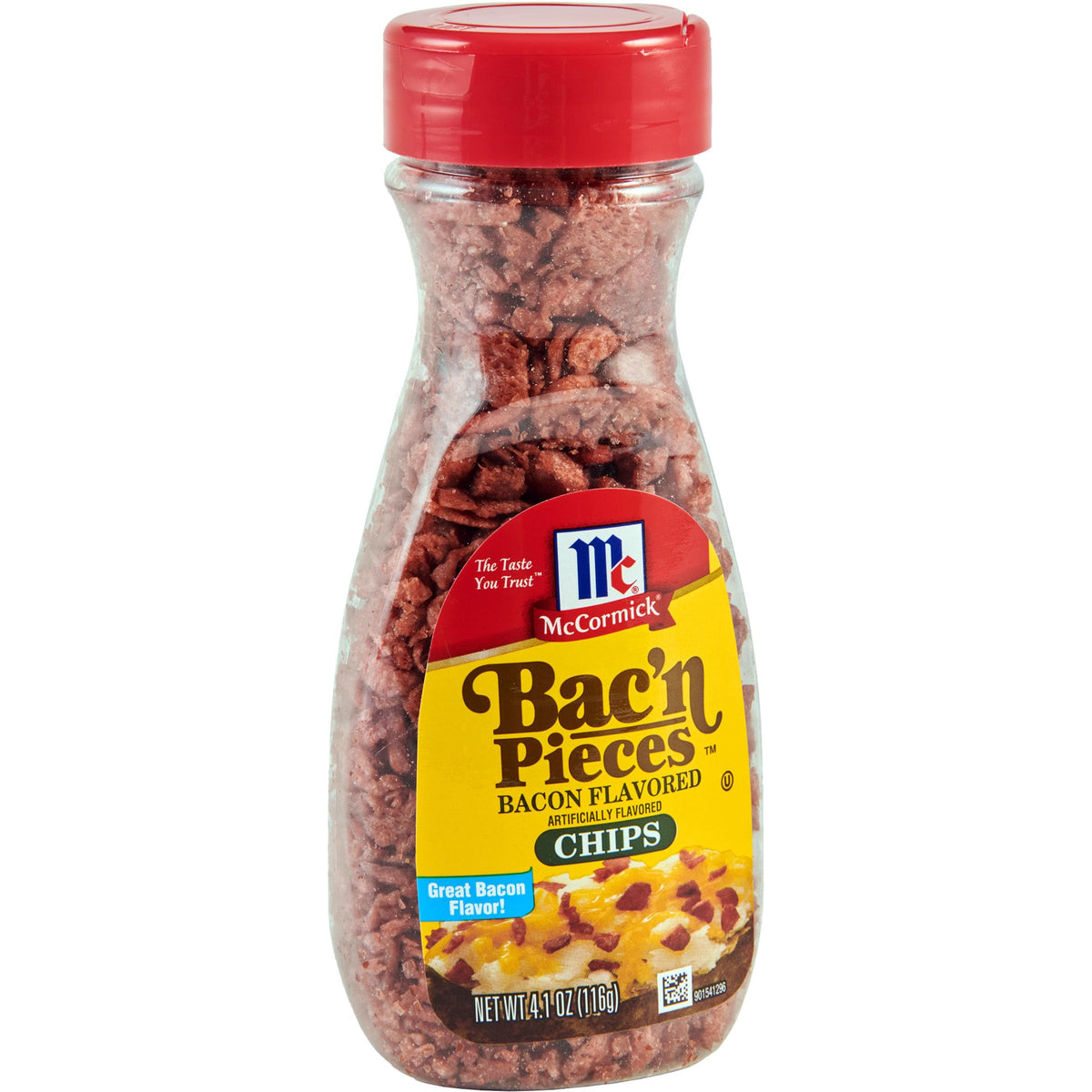McCormick Bac'n Pieces bacon-flavored chips bag close-up showing snack on shelf