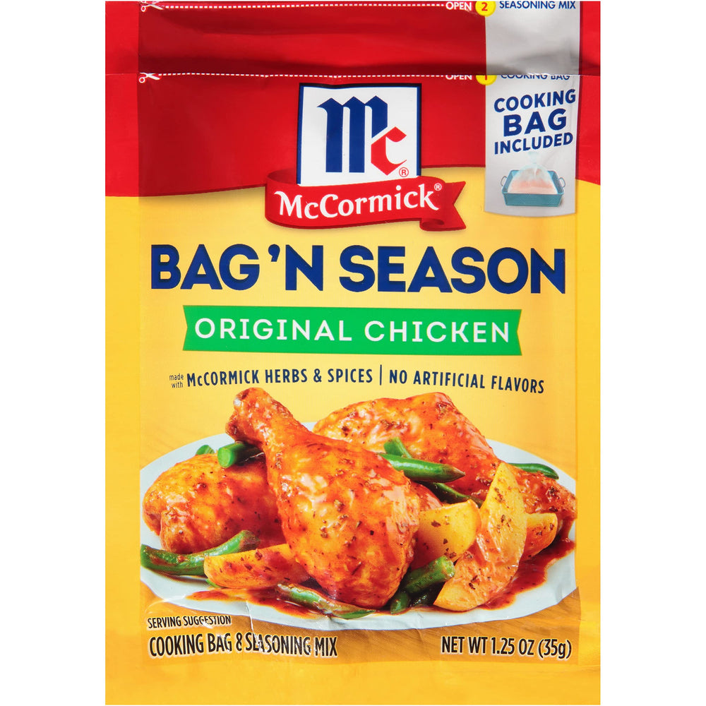 McCormick Bag 'n Season seasoning packet close-up with onion, garlic and herbs