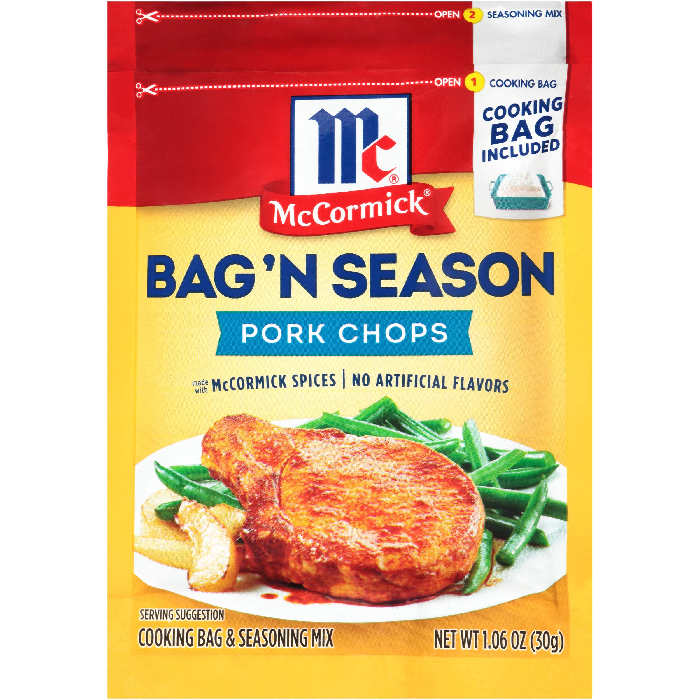 McCormick Bag 'n Season cooking bag for pork chops, ready for oven cooking.
