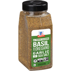 McCormick Basil and Oregano Garlic Sea Salt All Purpose Seasoning bottle front, flavor boost for Italian dishes