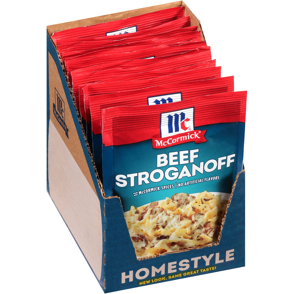 McCormick Beef Stroganoff Seasoning Mix packaging on shelf, ready for quick weeknight dinners