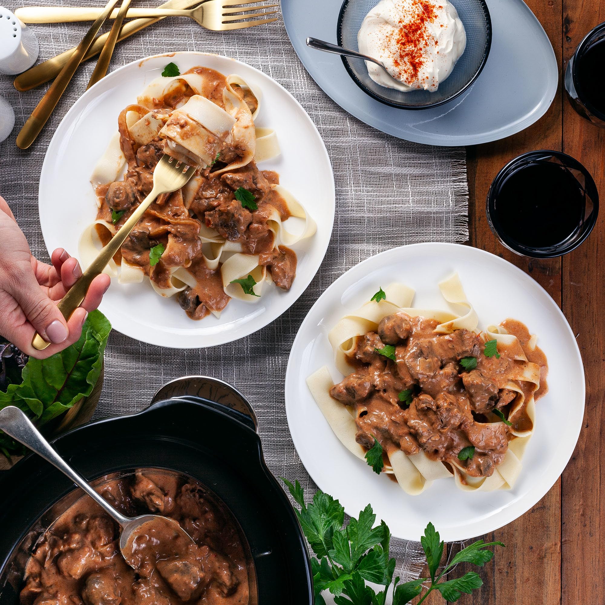 Sauce simmering to a creamy finish with McCormick Beef Stroganoff Mix