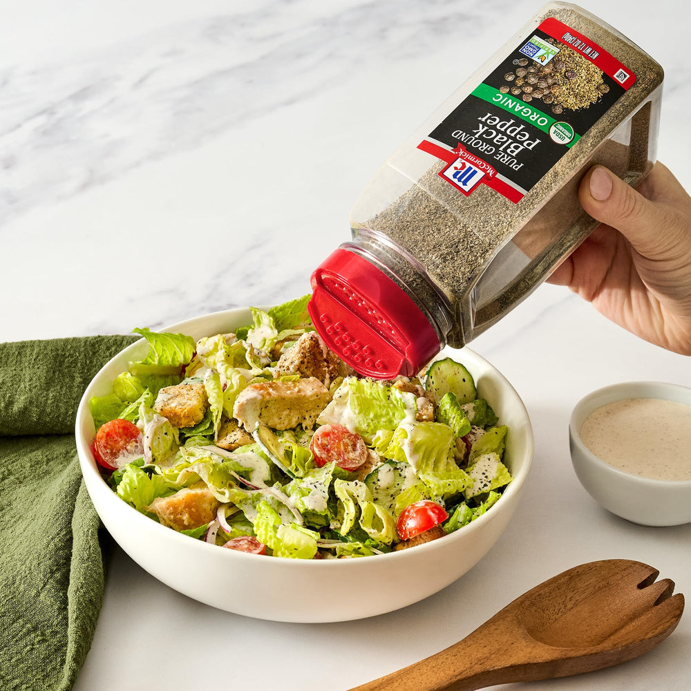 McCormick Black Pepper Organic Ground packaging showing USDA Organic and Non-GMO seals.