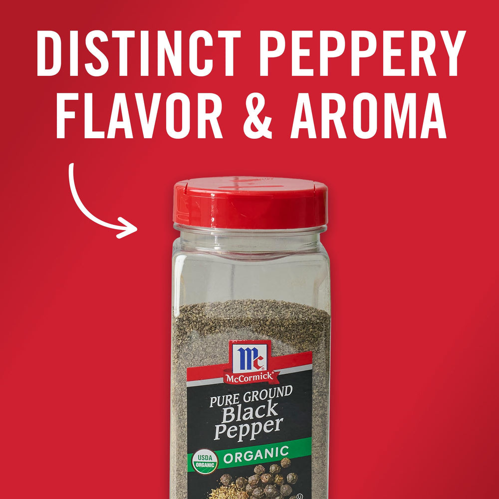 Pantry shelf with McCormick Black Pepper Organic Ground among spices.