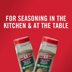 McCormick Black Pepper Organic Ground being poured into a pan for savory dishes.