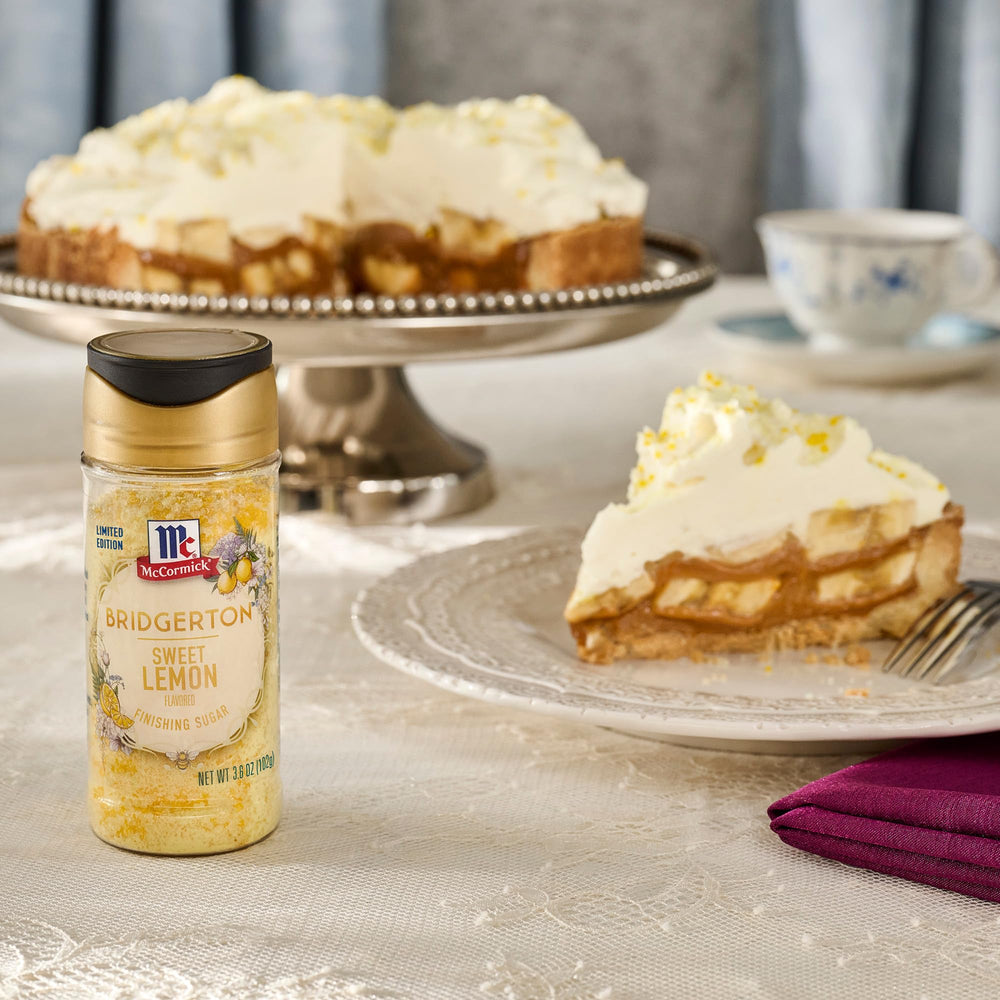 Bridgerton finishing sugar on lemon meringue adds sparkle and citrus depth.