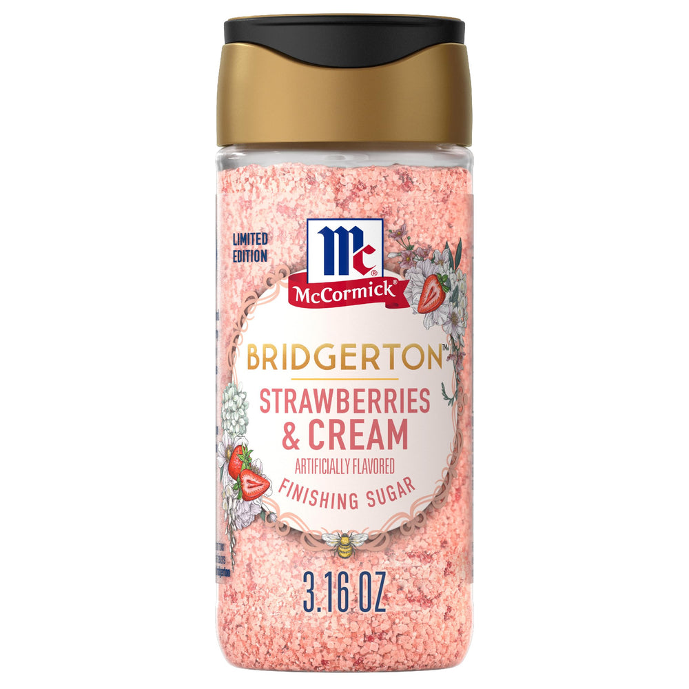 McCormick Bridgerton Finishing Sugar with Strawberries & Cream on a dessert plate for garden-party flair