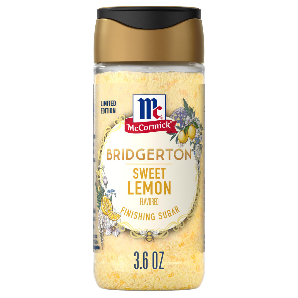 McCormick Bridgerton finishing sugar Sweet Lemon jar enhances citrus aroma on desserts.