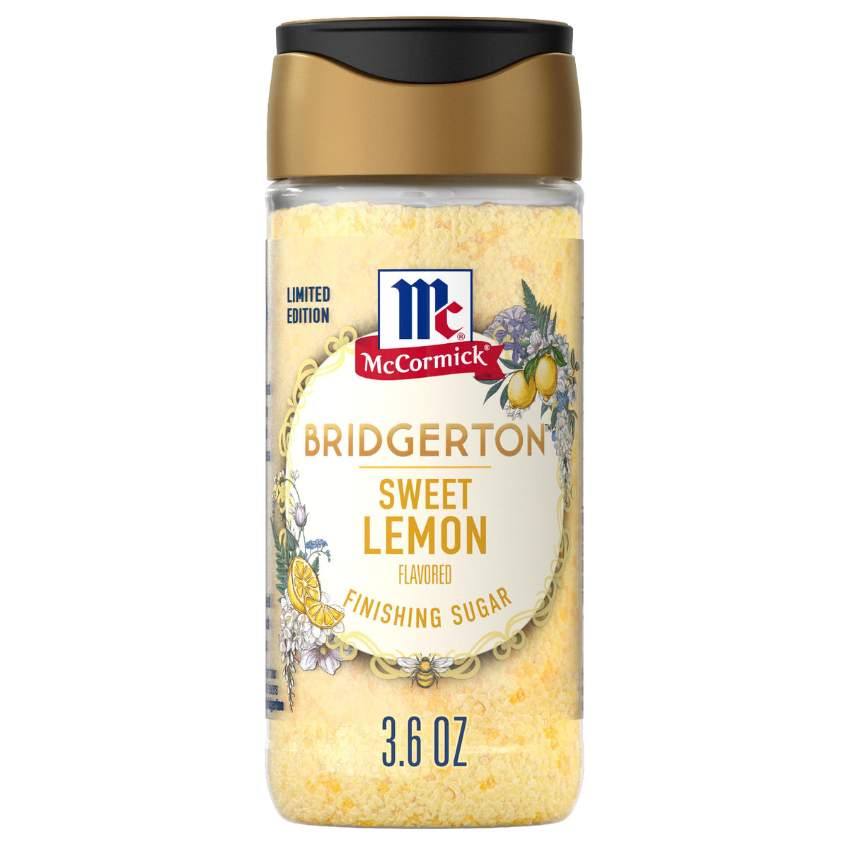 McCormick Bridgerton finishing sugar Sweet Lemon jar enhances citrus aroma on desserts.