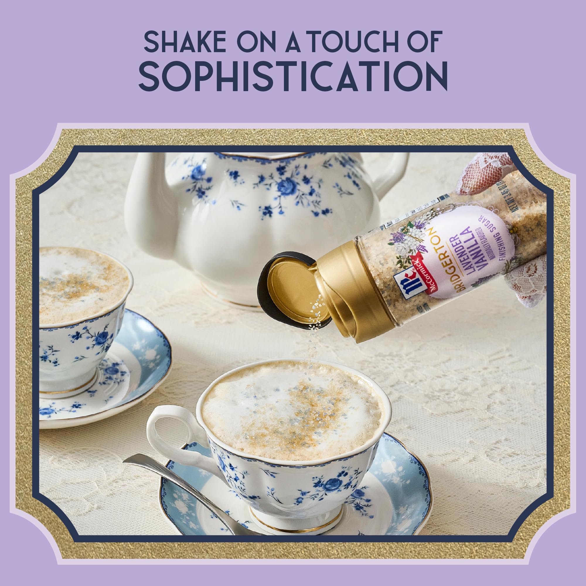 McCormick Bridgerton finishing sugar on cake slice showing floral vanilla notes