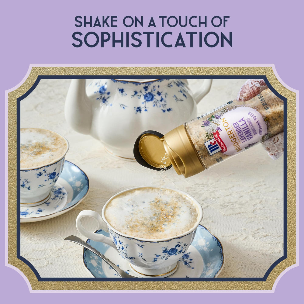 McCormick Bridgerton finishing sugar on cake slice showing floral vanilla notes