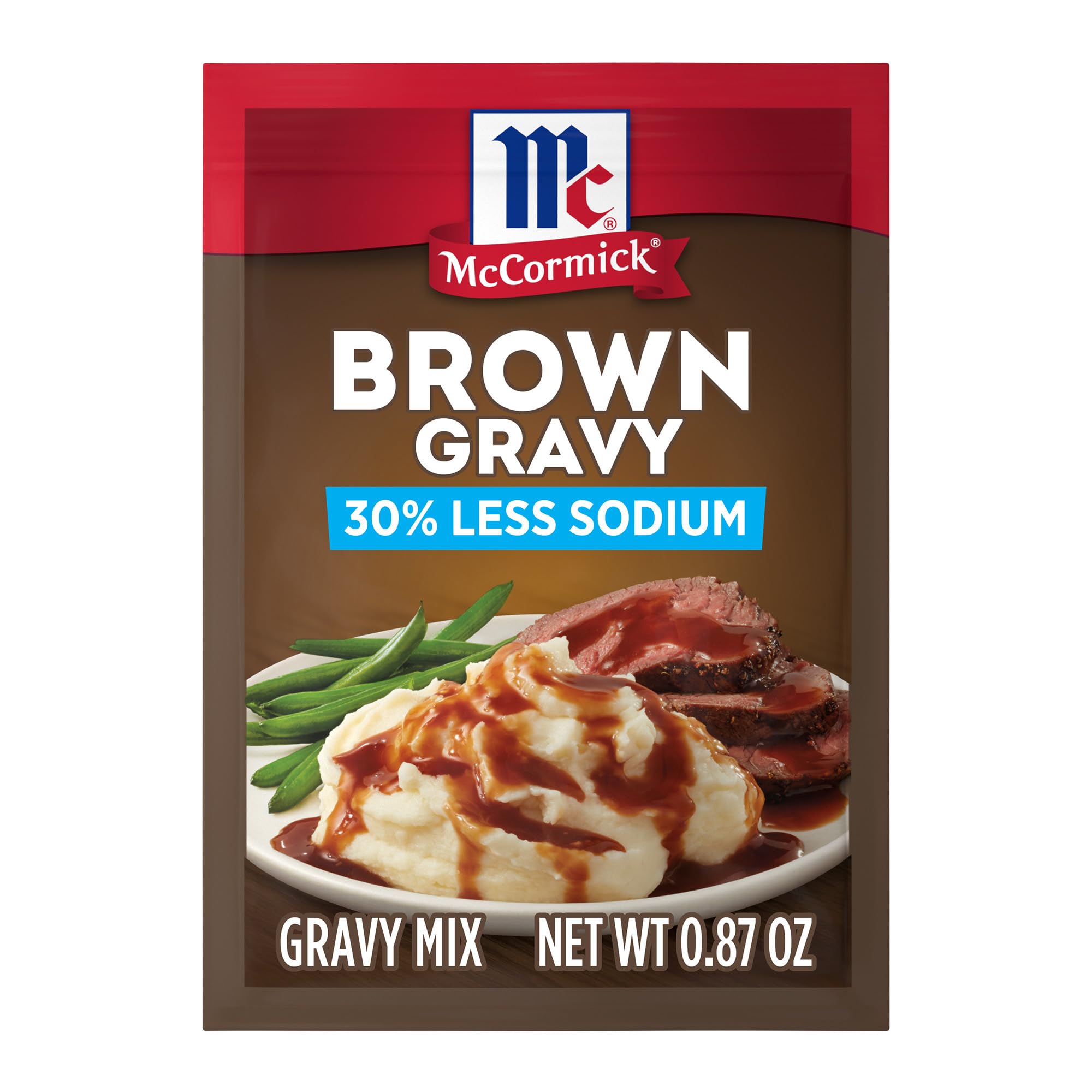 McCormick brown gravy poured over roast beef for rich flavor.