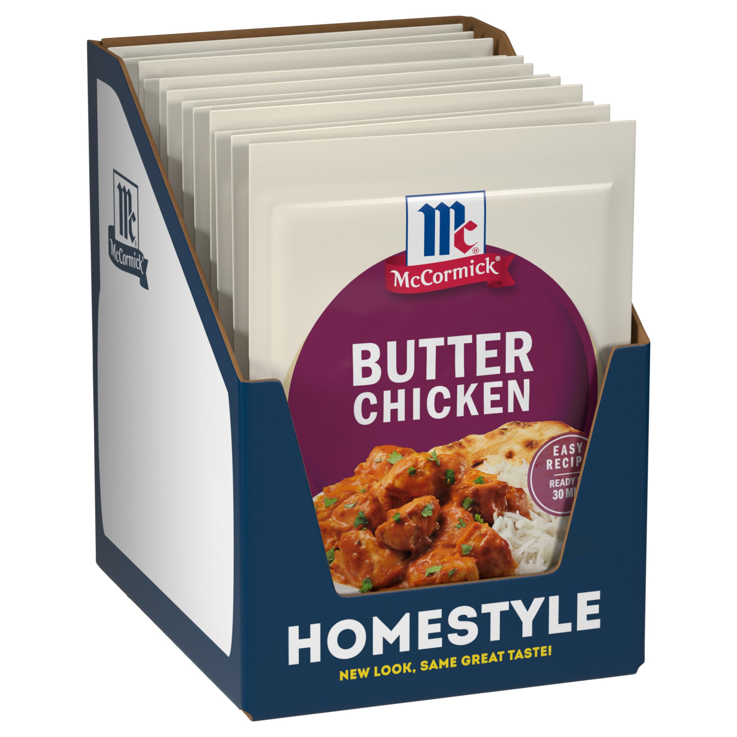 McCormick Butter Chicken Seasoning packaging shows the convenient 12-pack for quick weeknight meals.