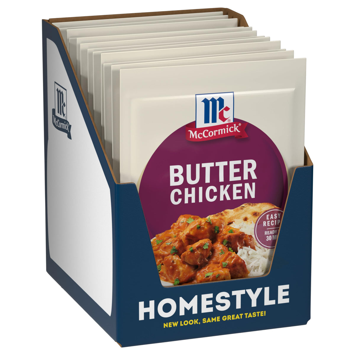 McCormick Butter Chicken Seasoning packaging shows the convenient 12-pack for quick weeknight meals.