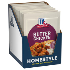 McCormick Butter Chicken Seasoning packaging shows the convenient 12-pack for quick weeknight meals.