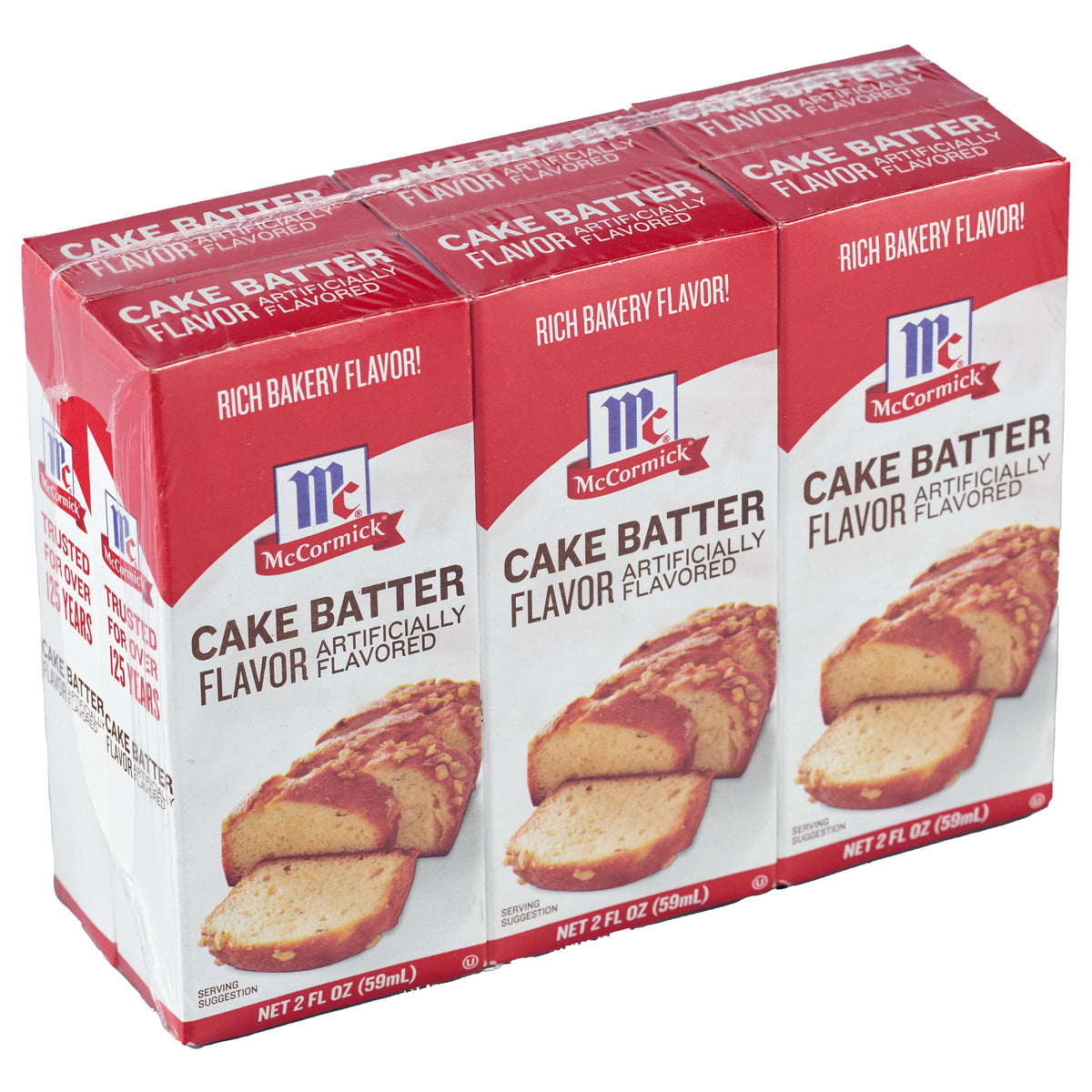 McCormick Cake Batter Flavor bottle showing versatile cake flavor for cookies and frosting.