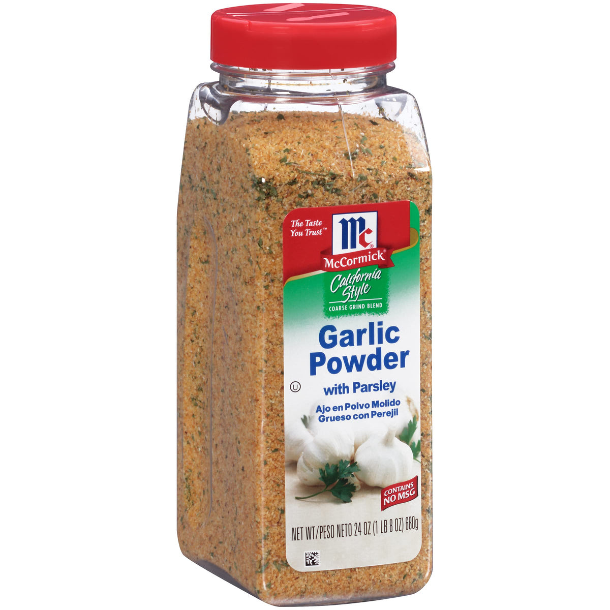 McCormick California Style Garlic Powder with Parsley bottle close-up highlighting coarse grind for bold flavor.