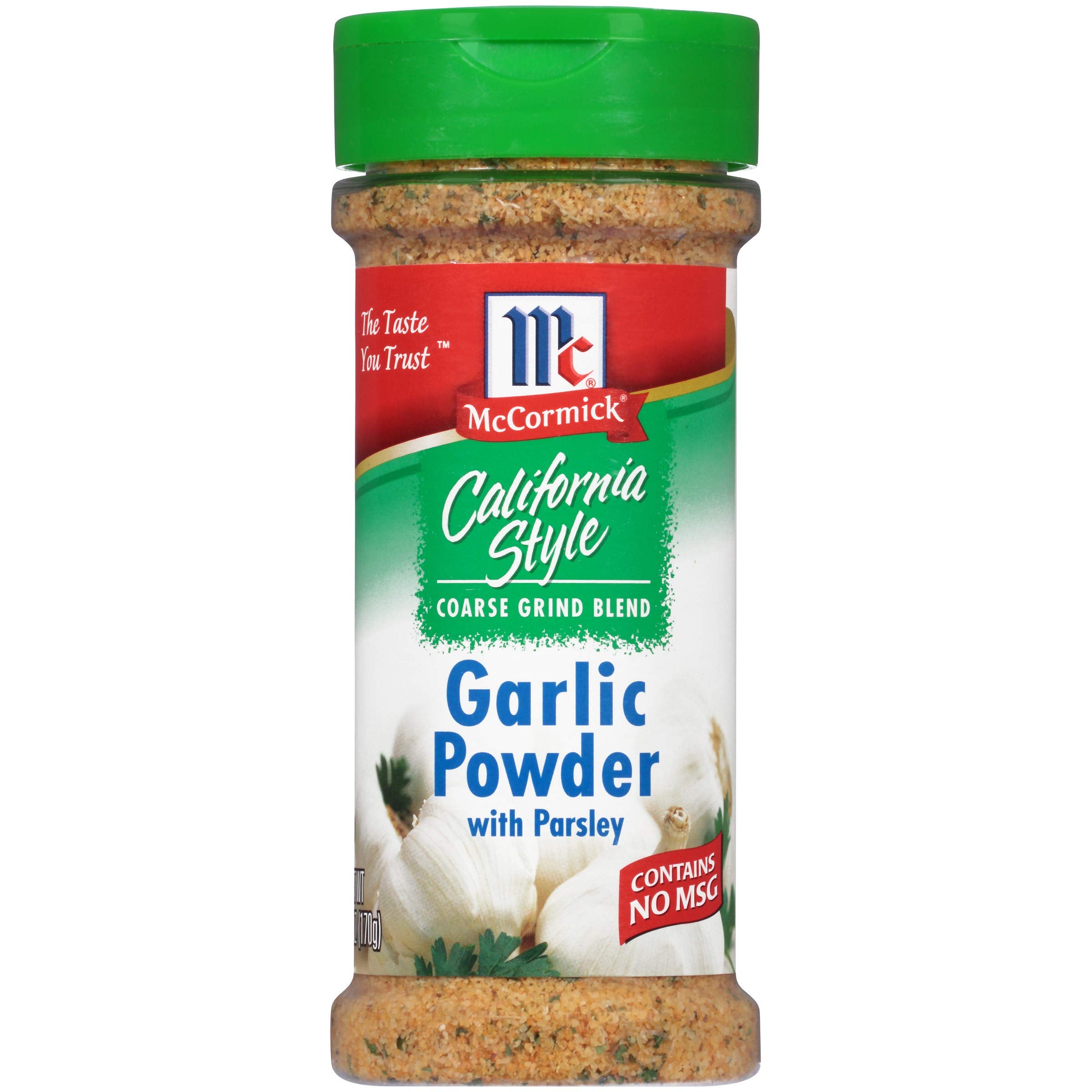 McCormick California Style Garlic Powder with Parsley, coarse grind, enhances meats with garlic flavor.